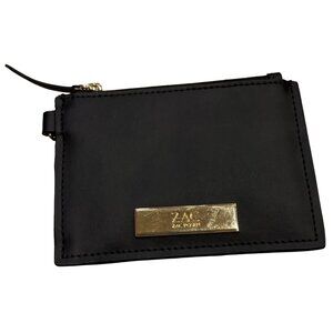 ZAC Zac Posen Black Leather Zip Card Case Wallet Gold Logo